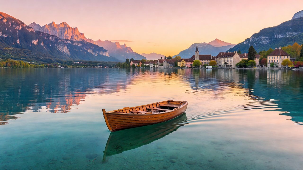 Serene boat ride on Lake Annecy at sunset