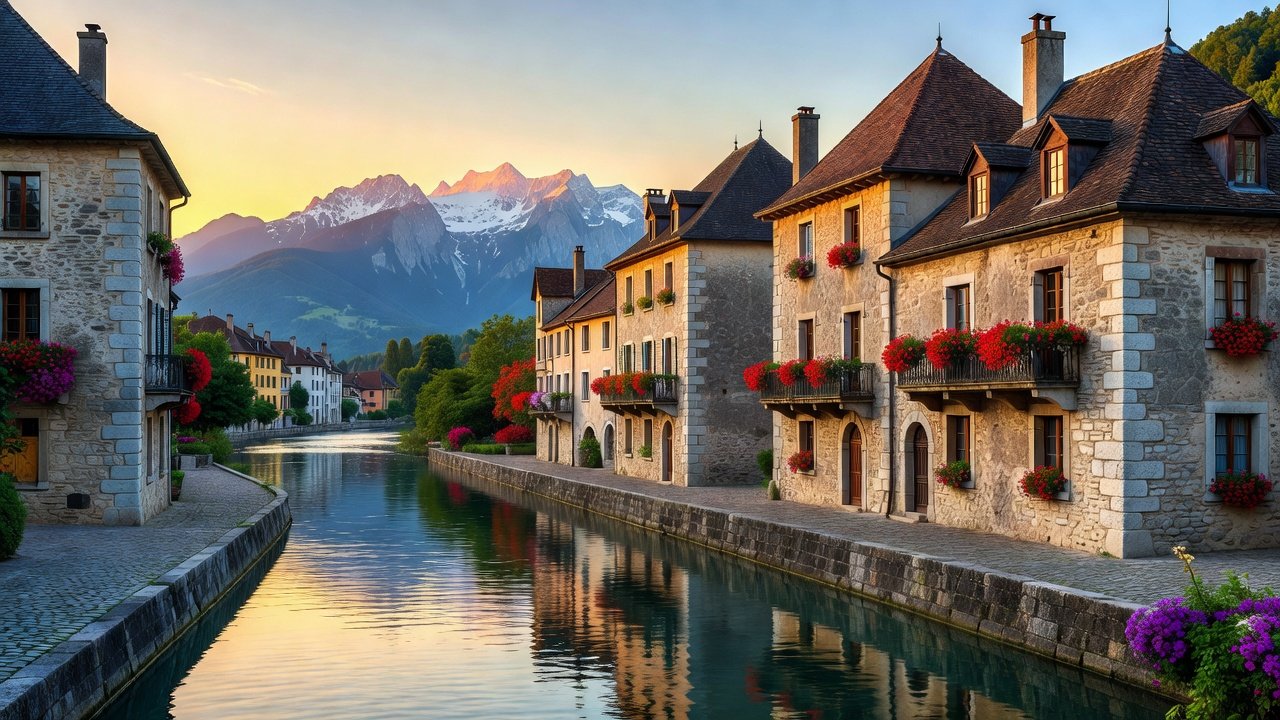 Annecy old town canals at golden hour with Alps