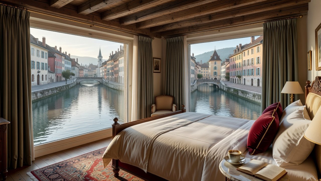 Cozy boutique hotel room overlooking Thiou canal