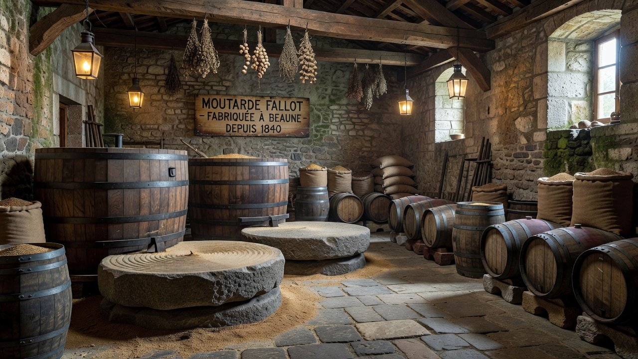 Do: atmospheric Fallot mustard workshop or wine cellar with vats and barrels