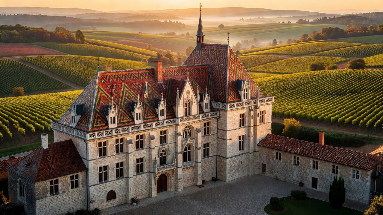Hero: golden hour Hospices de Beaune with vineyards