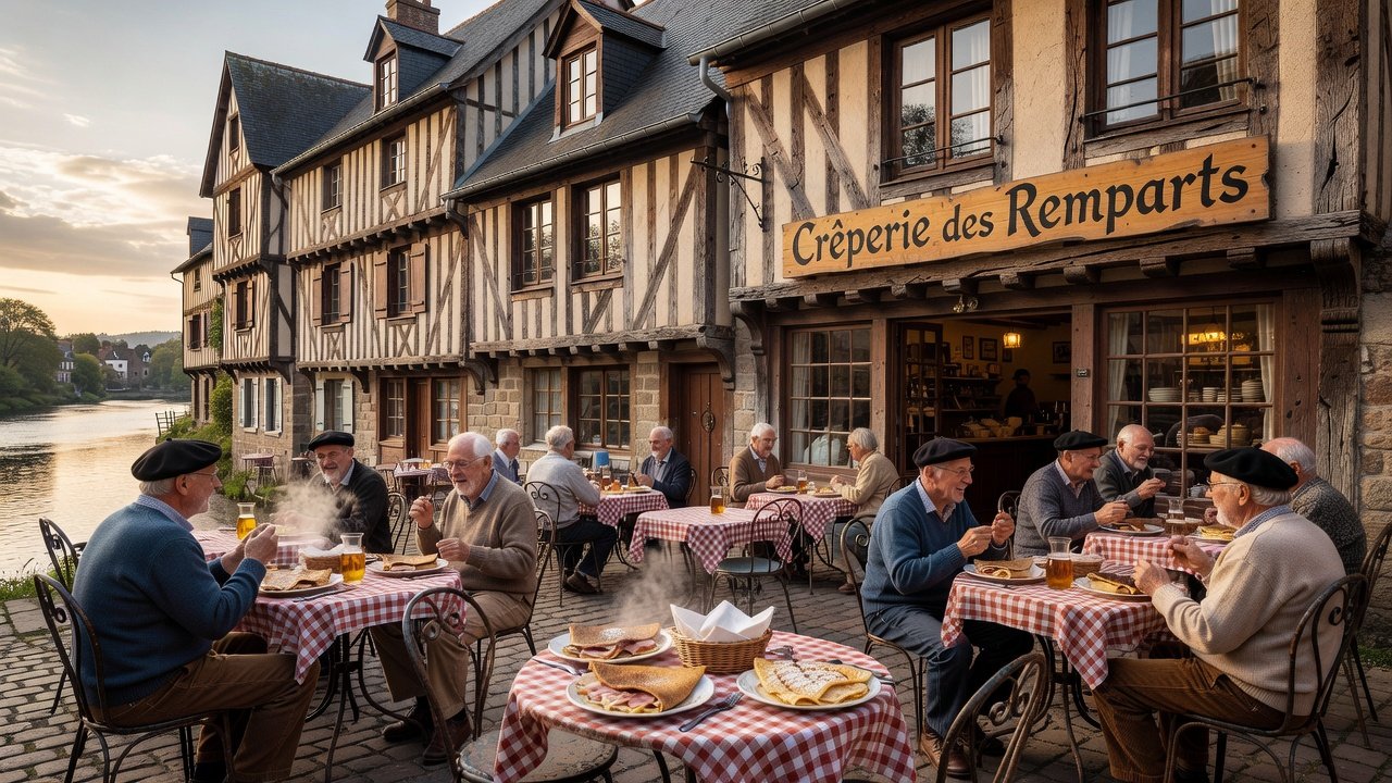 Food: traditional creperie street with galettes in Dinan