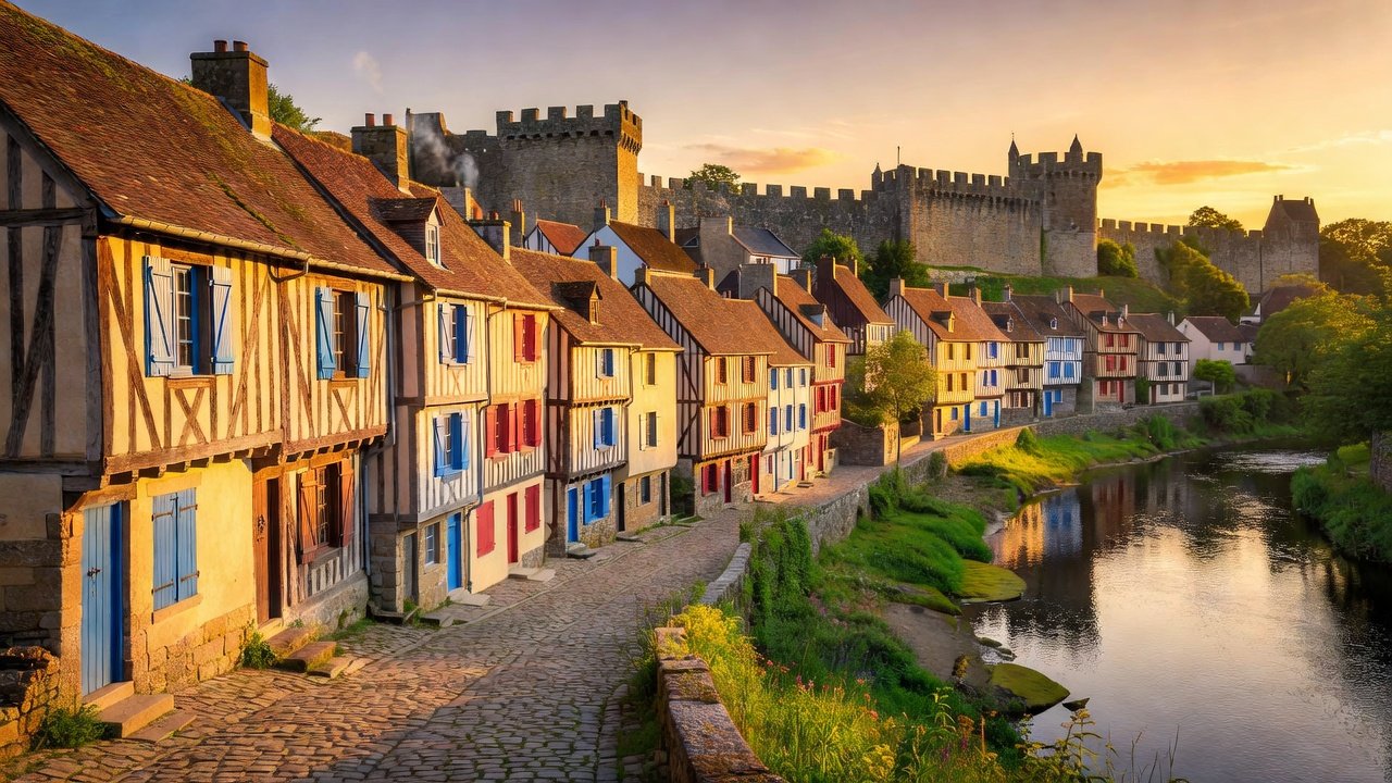 Hero: panoramic Jerzual slope to Rance river in Dinan at golden hour