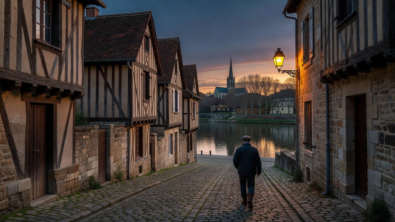 Half-timbered lane to riverside quay