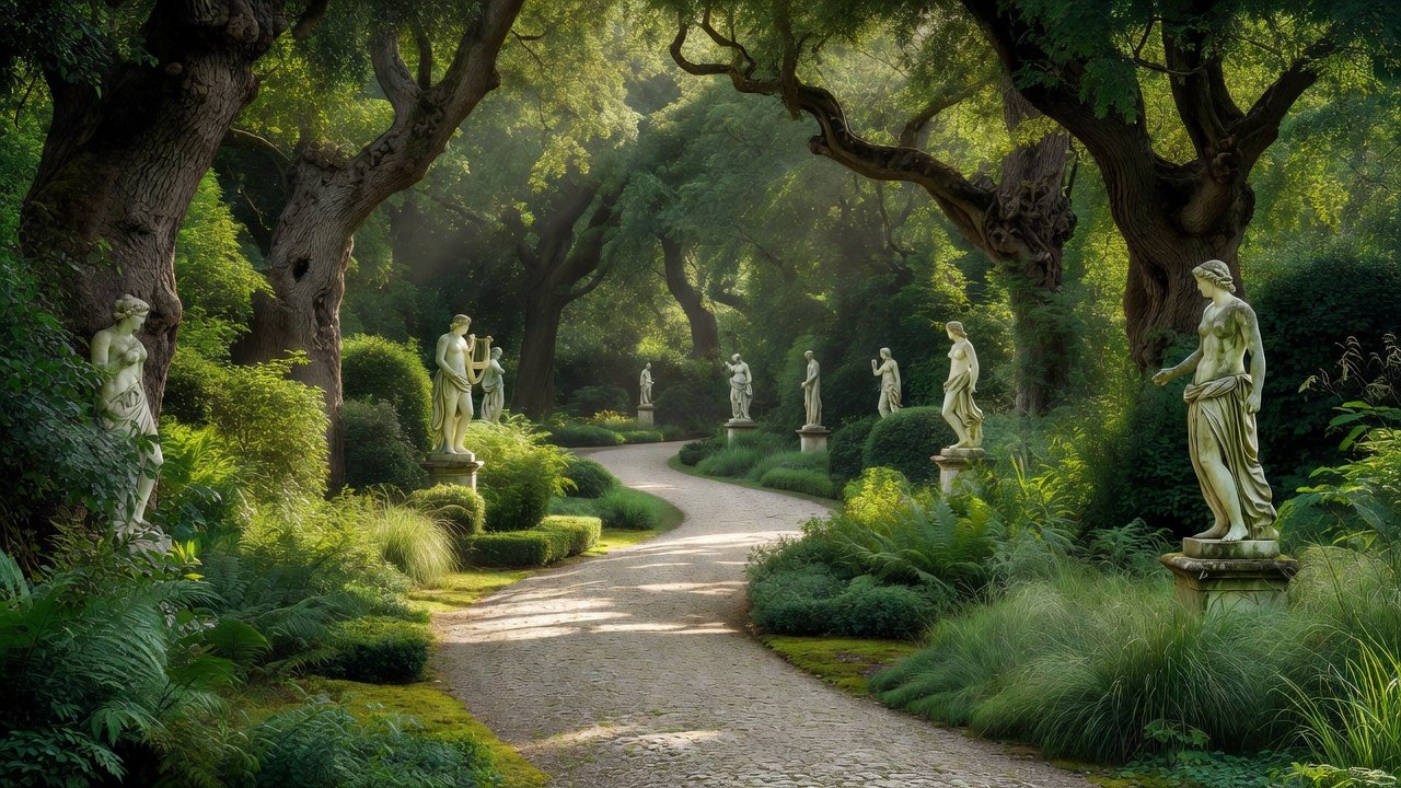 Serene hidden path in Versailles estate gardens with statues