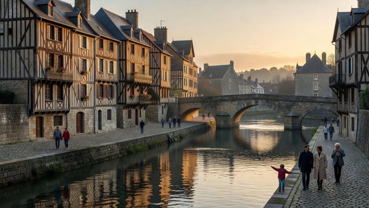 Scenic dusk view of the Vilaine River waterfront in Rennes