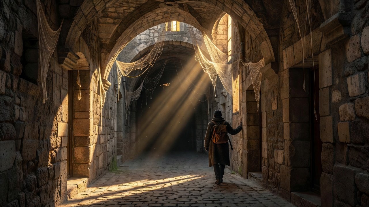 Traveler in historic traboule passage with light shafts