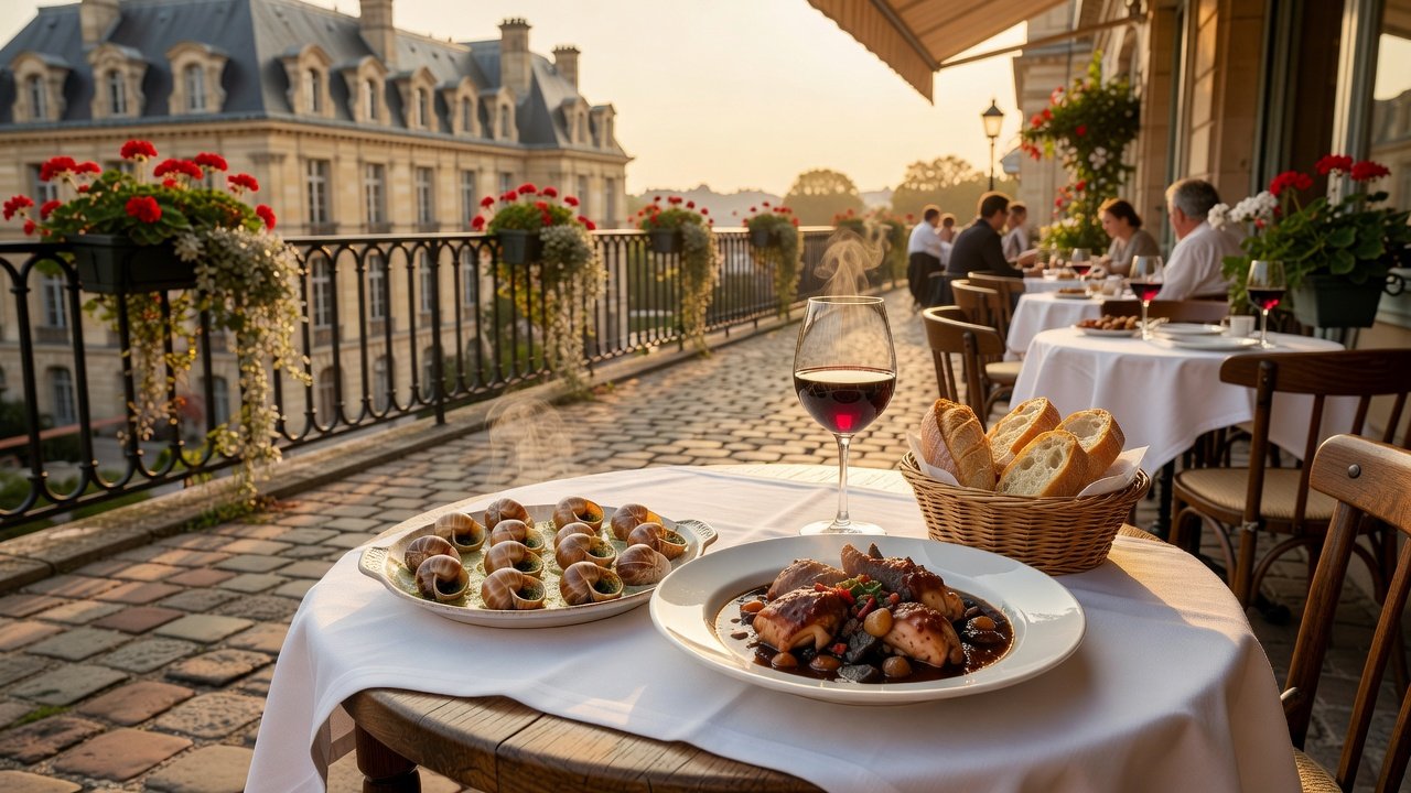 Gourmet French dining on bistro terrace in Versailles