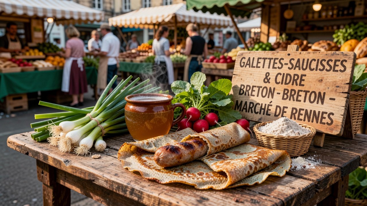Authentic galette-saucisse and Breton cider at Rennes market stall