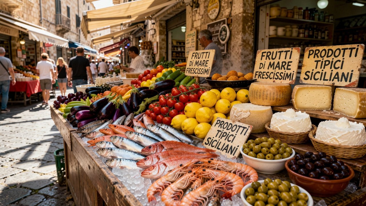 Sicilian market food scene with seafood and produce
