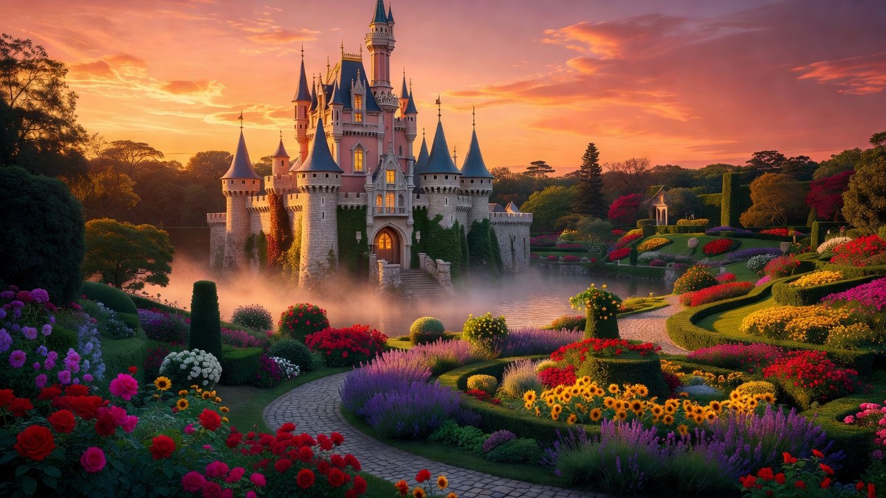 Sleeping Beauty Castle glowing at golden hour from the edge of Chessy village
