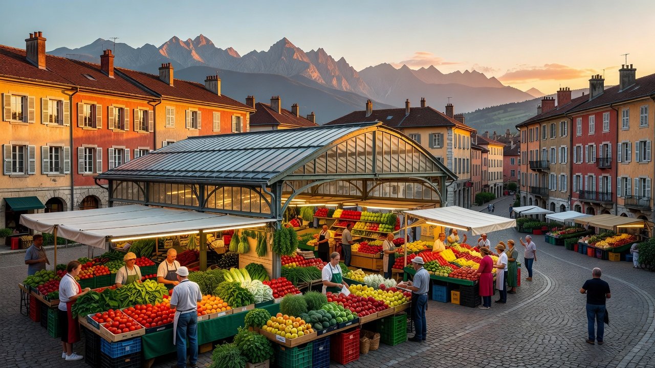 Hero: Chambéry Halles market at golden hour with Alps