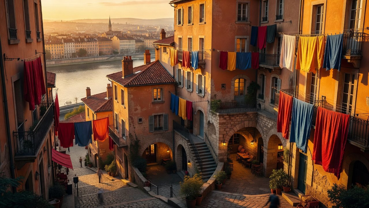 Croix-Rousse hill golden hour with silk weavers and Saone river