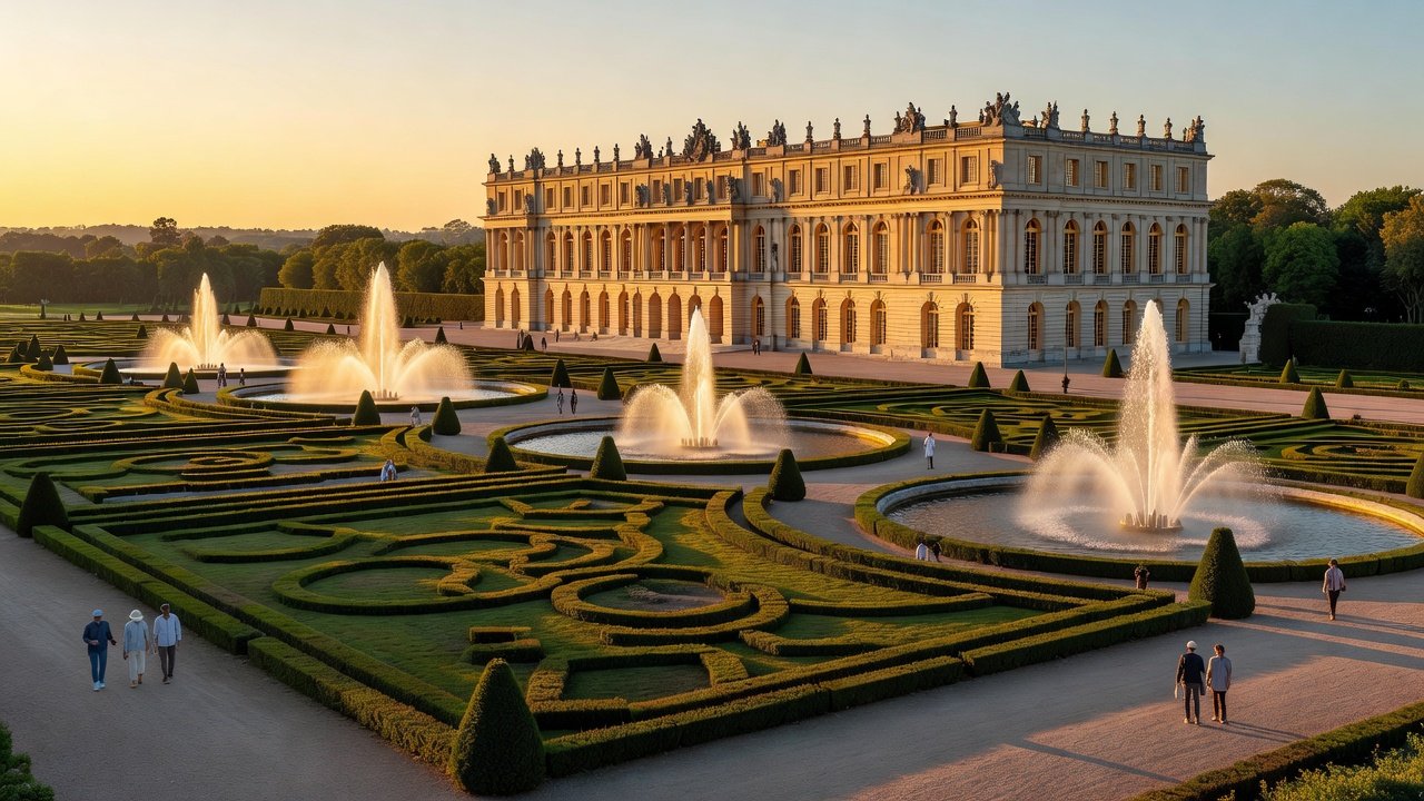 Golden hour panoramic view of Palace of Versailles formal gardens