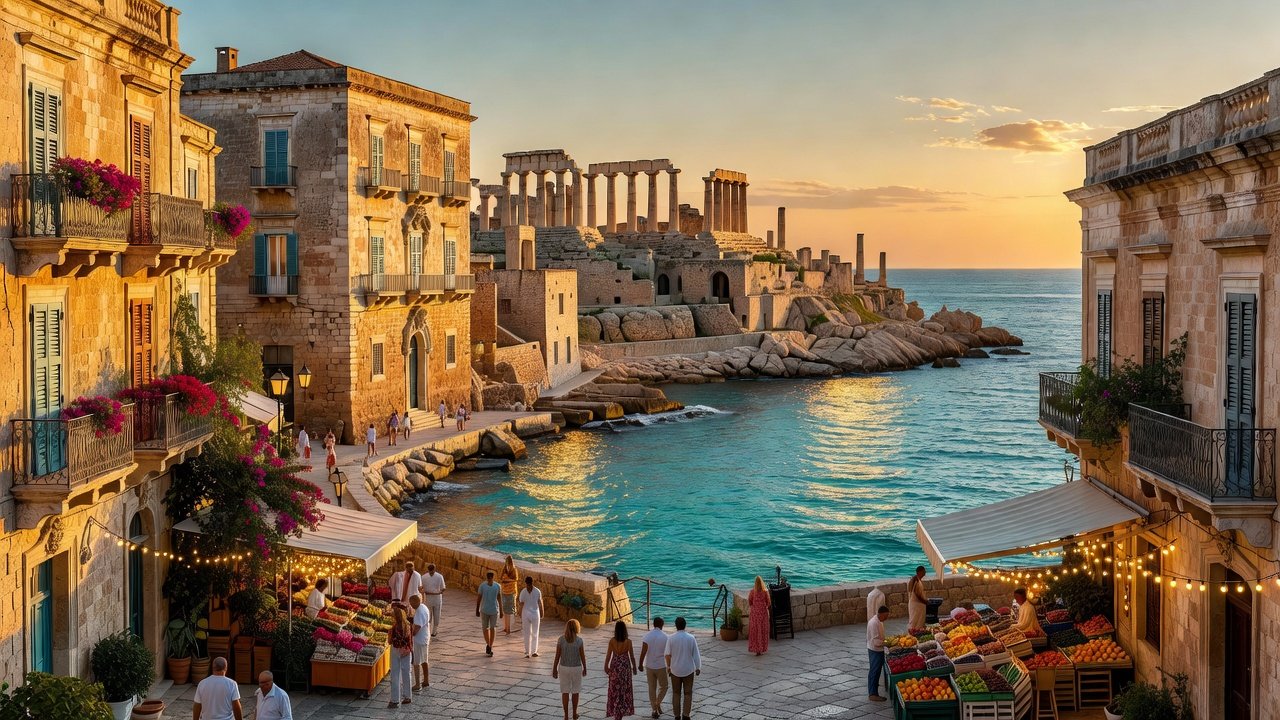 Hero panoramic view of Ortigia at golden hour