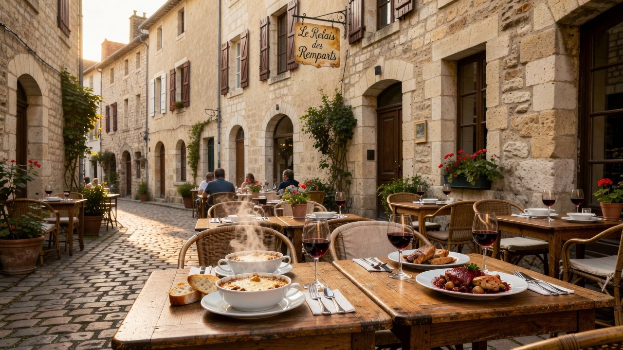 Local restaurant terrace on medieval lane
