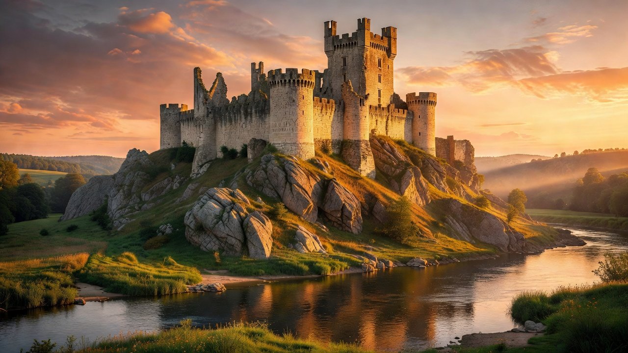 Donjon citadel ridge at golden hour overlooking Indre banks