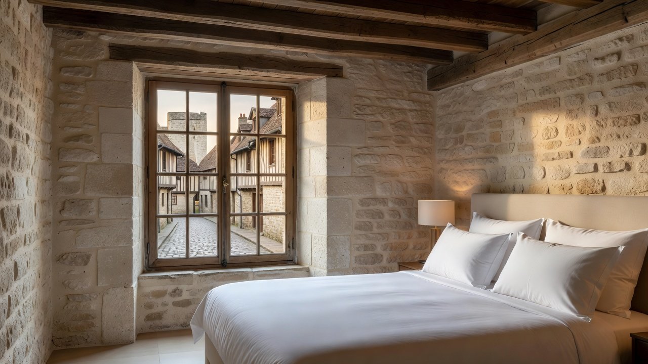 Historic tuffeau stone hotel room interior