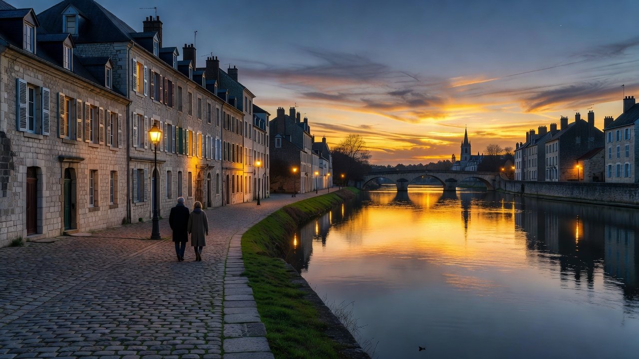 Riverside walk along the Marne in Meaux at dusk