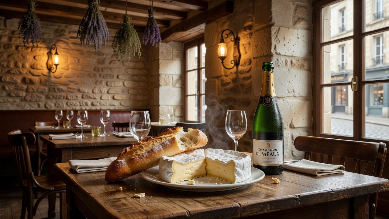 French bistro table with Brie cheese and champagne in Meaux