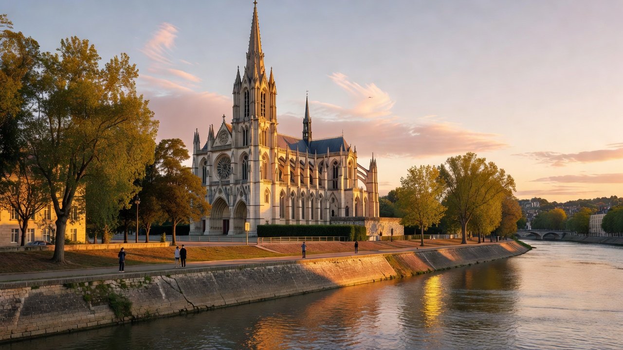 Meaux France Saint-Etienne Cathedral and Marne River golden hour