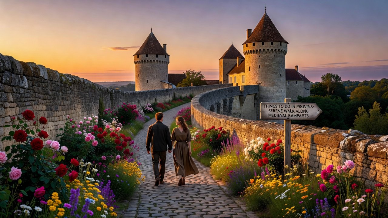 Quiet evening walk along the illuminated ramparts of Provins at dusk