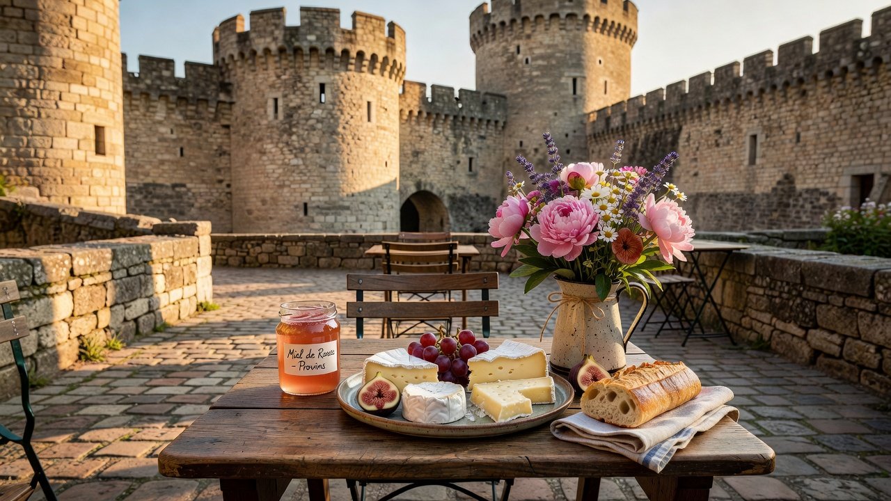 Local bistro table in Provins featuring rose-petal honey and seasonal French dishes