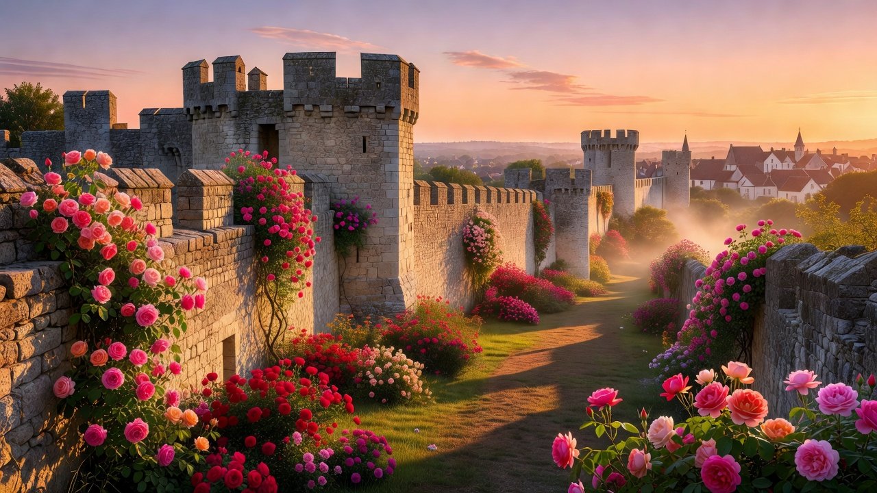 Golden hour light on the medieval ramparts of Provins, roses climbing the ancient stone walls