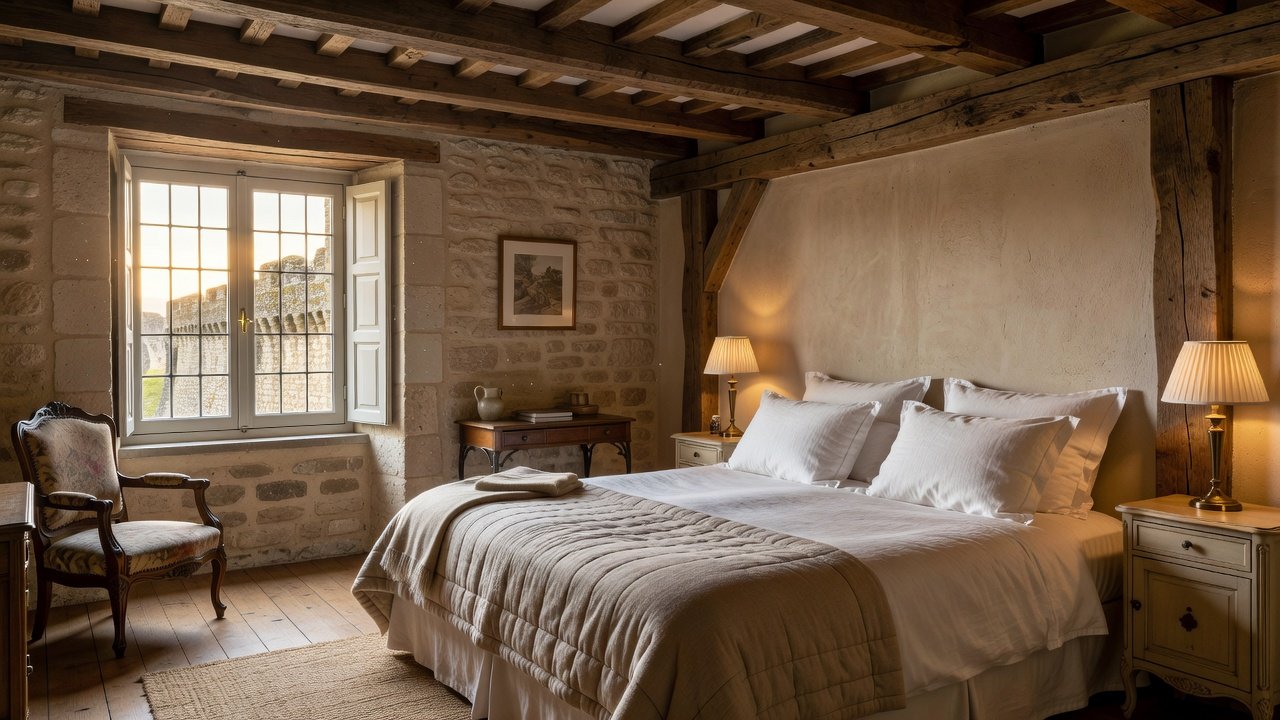 Cozy boutique hotel room in the upper town of Provins with warm wooden details