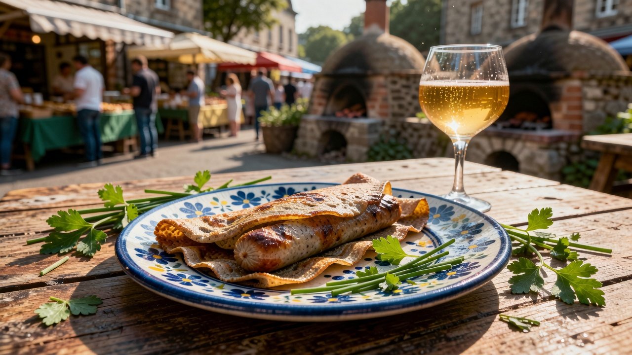 Food: Galette-saucisse on authentic Quimper faience plate