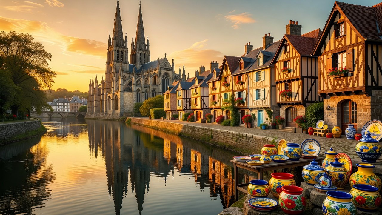 Hero: Quimper Cathedral golden hour over Odet with faience pottery