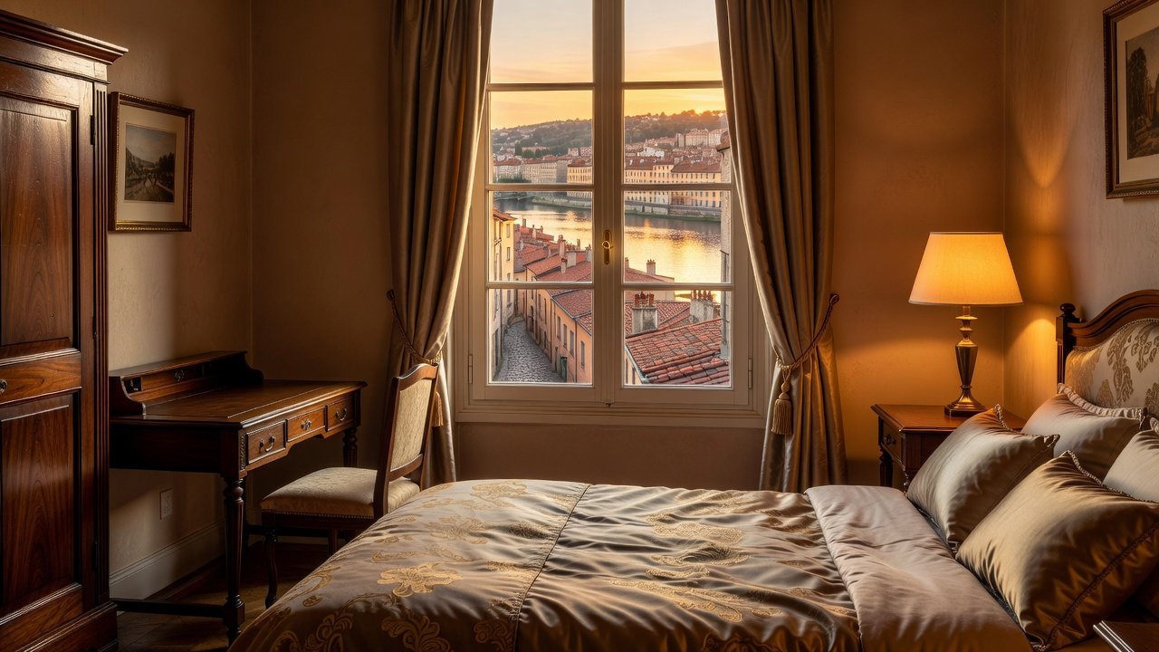 Boutique hotel room with silk fabrics and river view