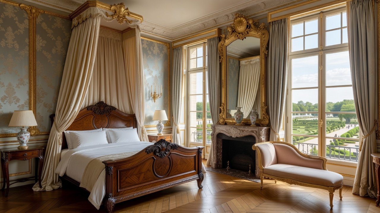 Luxurious boutique hotel suite interior overlooking gardens