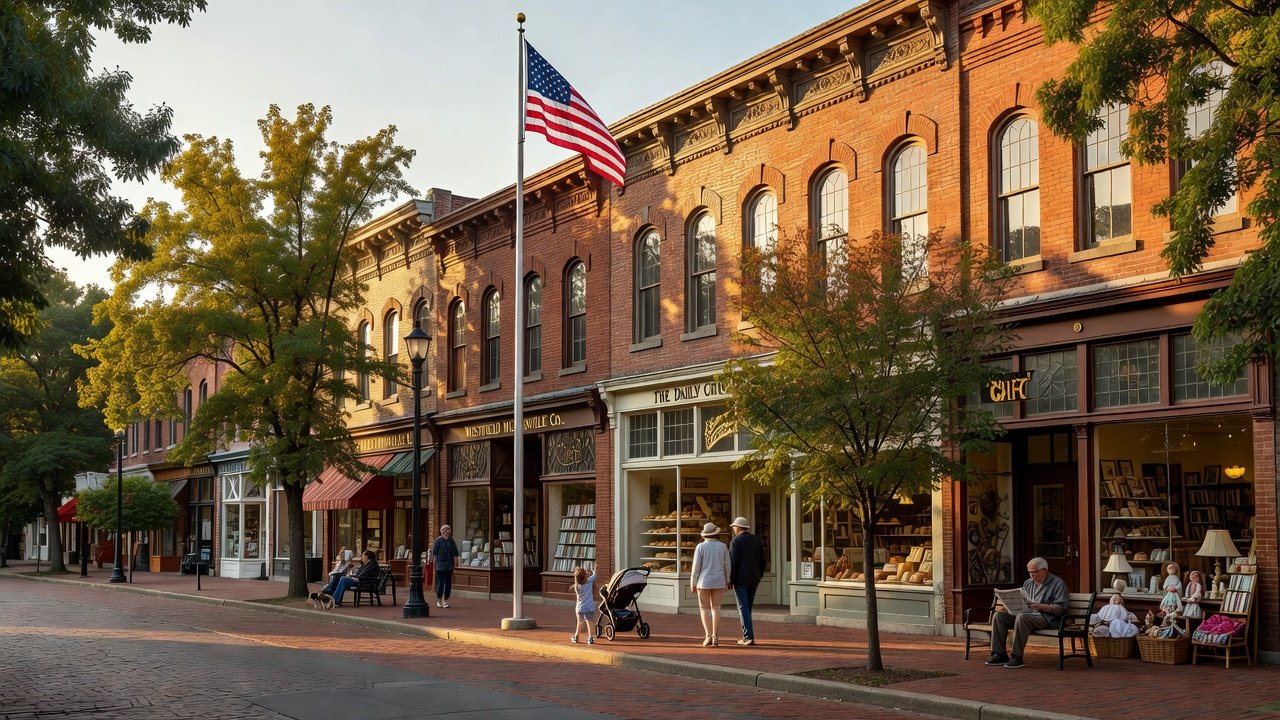 Downtown Westfield main street and plaza at golden hour