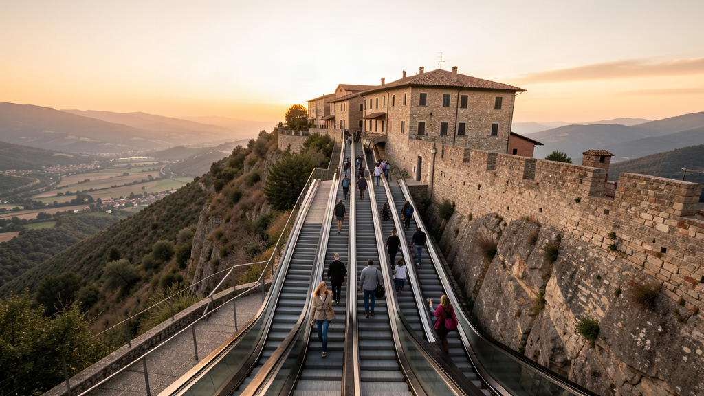 Public escalators ascending toward Via Pretoria ridge in Potenza at golden hour