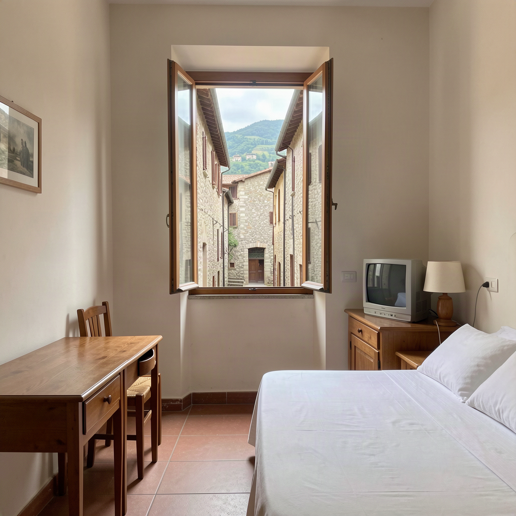 Simple hotel room interior with view of Potenza stone streets near Via Pretoria