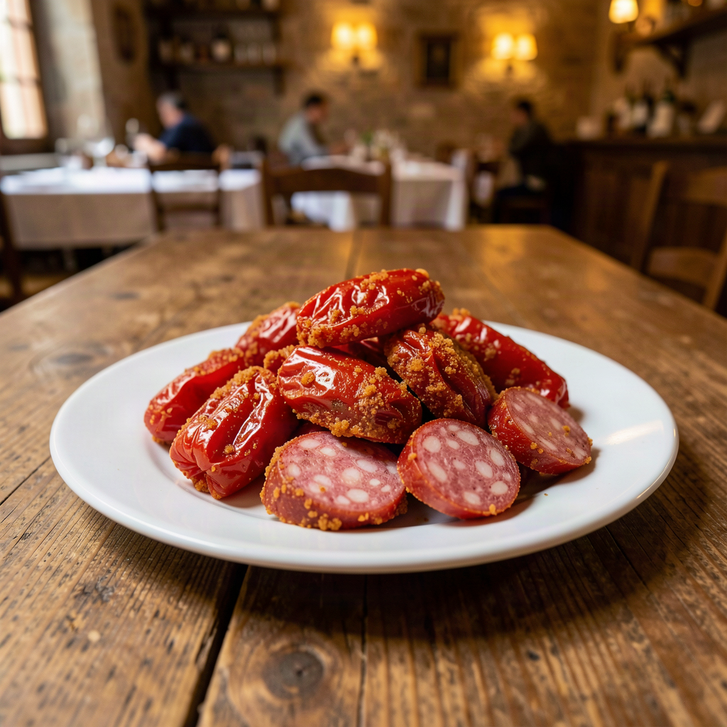 Fried peperoni cruschi and lucanica sausage on rustic table in Potenza osteria
