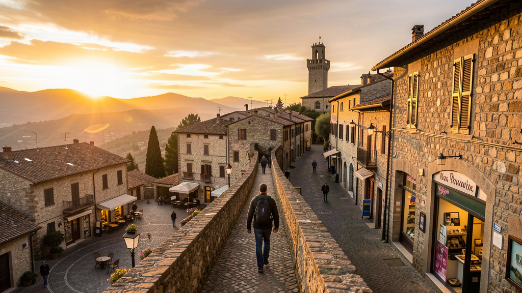 Walking the Via Pretoria ridge spine in Potenza at sunset with Torre Guevara