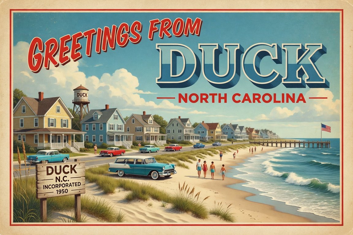 Vintage postcard scene of Duck, North Carolina: colorful beach houses, ocean shoreline, and classic cars with the greeting 'Greetings from Duck' across the top and 'North Carolina' below.