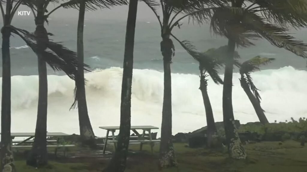Stormy beach scene with tall palm trees, crashing waves, and picnic tables in the foreground.