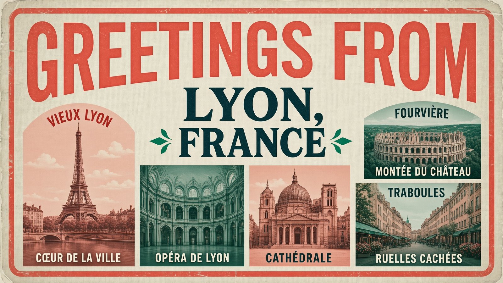 Vintage travel poster greeting from Lyon, France with a collage of landmark photos and bold red title text.