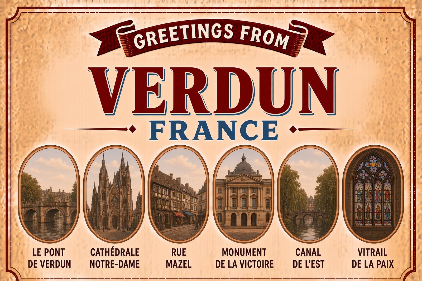 Vintage postcard-style poster saying 'Greetings from Verdun, France' with six arched photos of landmarks: Le Pont de Verdun, Cathédrale Notre-Dame, Rue Mazel, Monument de la Victoire, Canal de l’Est, and Vitrail de la Paix.