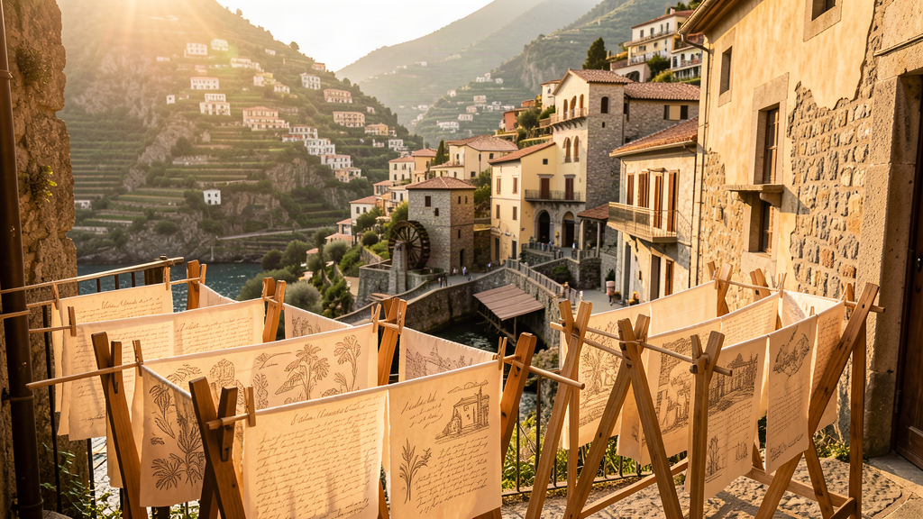 Handmade carta a mano paper drying on racks along Via delle Cartiere in Amalfi