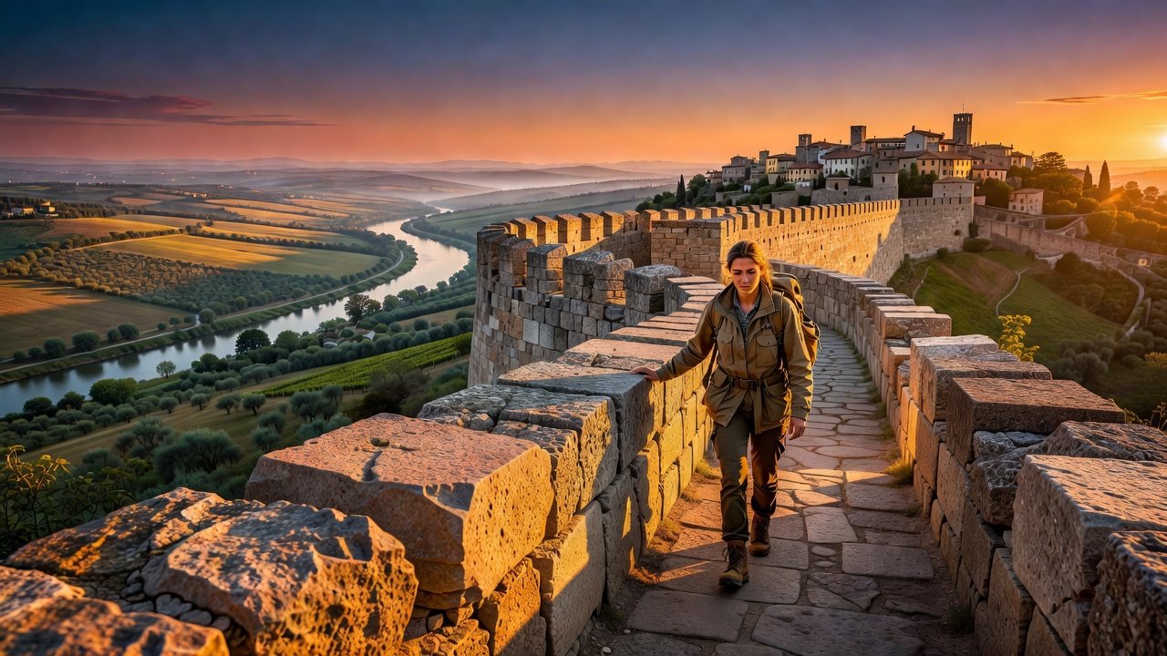 Adventurous dusk walk along the top of Amelia's massive polygonal city walls overlooking the Umbrian valley