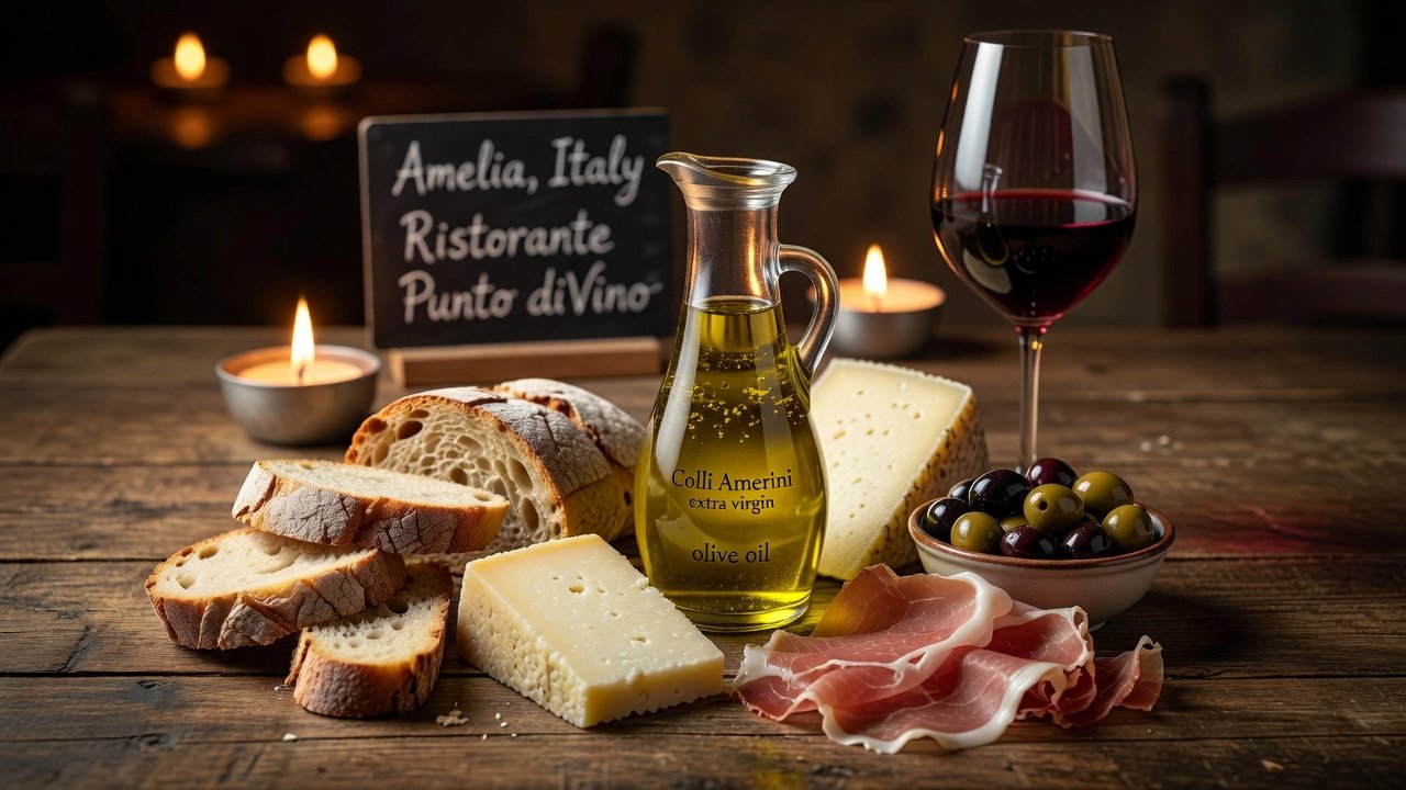 Umbrian table spread at Ristorante Punto diVino featuring Colli Amerini olive oil, bread, cheese and wine