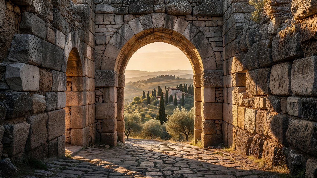 Dramatic golden hour view of the ancient megalithic Porta Romana polygonal walls without mortar in Amelia, Italy