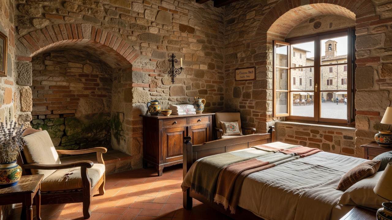 Cozy stone room at Le Cisterne B&B with view over Piazza Giacomo Matteotti and cistern elements