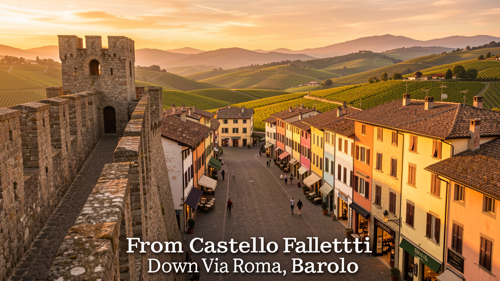 Hero: View from Castello Falletti down Via Roma in Barolo with vineyards