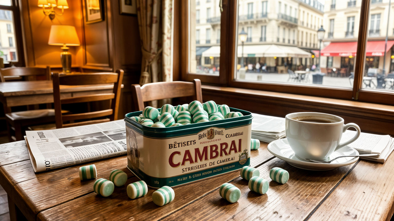 Bêtises de Cambrai striped mint sweets on table at local brasserie