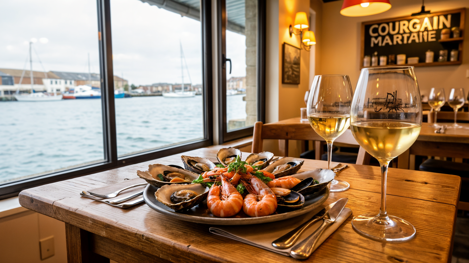 Fresh seafood platter with oysters and wine at harbor bistro in Calais